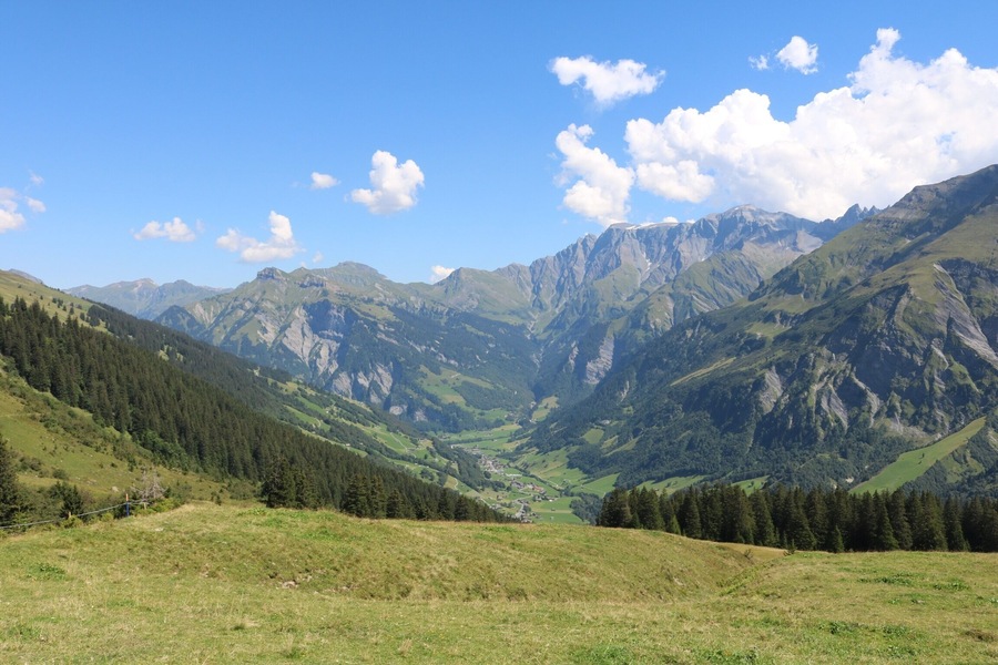 NO EDITING: a clear view down to a small town called Elm. There are beautiful landscapes which invite to go out for a hike...