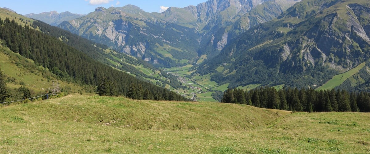 A mountainous landscape with a valley, forested slopes, and a clear blue sky.
