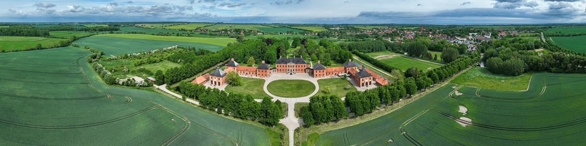Aerial panoramic view of Castle Bothmer (Germany) from southest