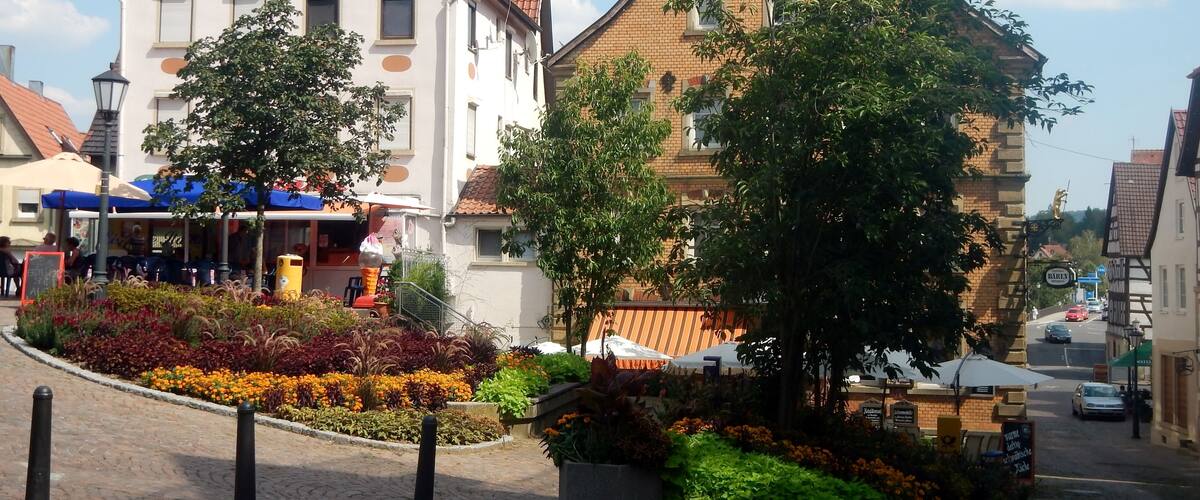 A cobblestone street lined with buildings, a tree, and flower beds.