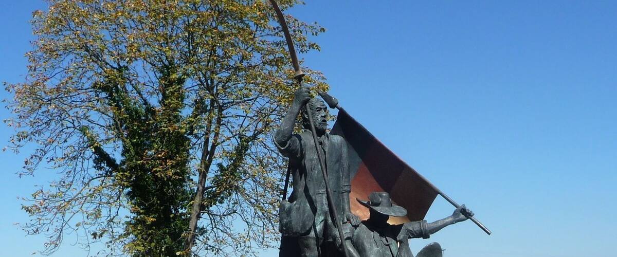 A bronze statue of a historical figure with a flag, set in a circular base with a tree and open field in the background.
