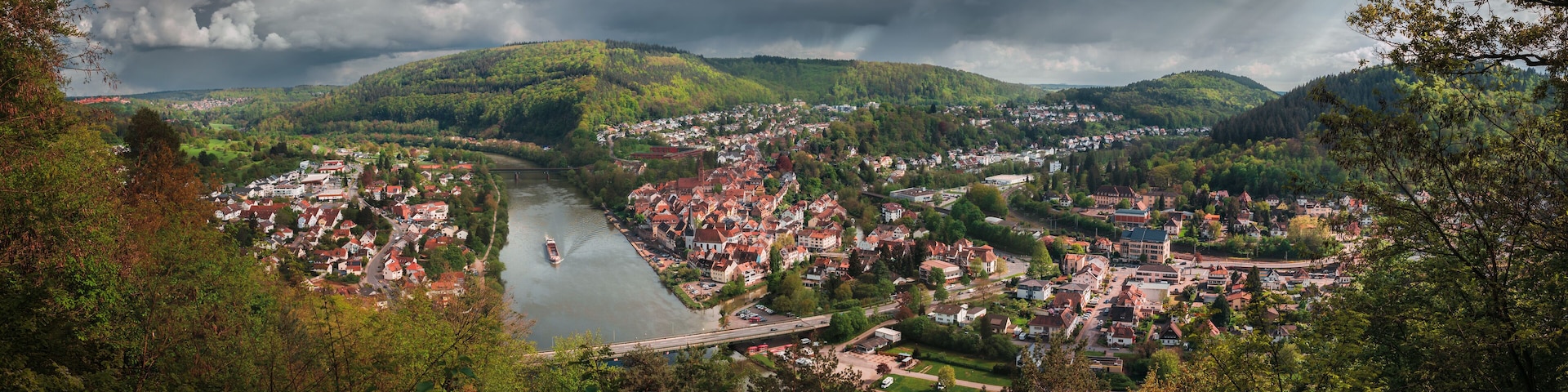 Aerial view of a scenic European town in dramatic sunlight