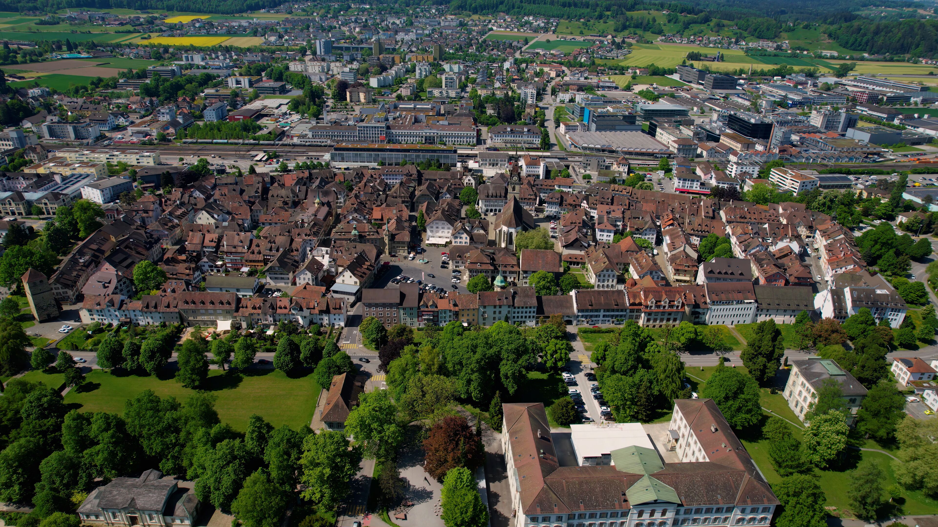 A Panoramic aerial of the old town of the city Zofingen in Switzerland on a sunny noon in summer