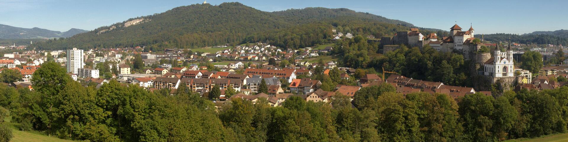 Panoramic view of Aarburg, Canotn of Aargau, showing castle and church