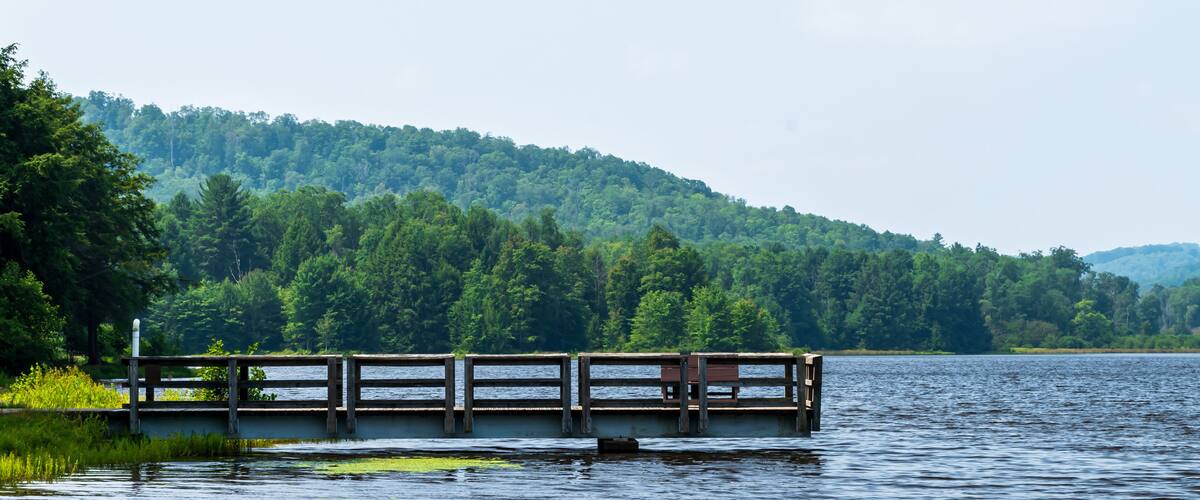 A wooden pier extending into a calm lake, surrounded by lush green forest and hills.