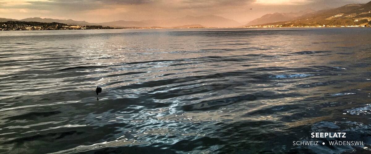 A body of water with a cloudy sky and distant mountains.