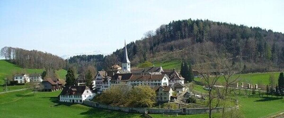 A large white building with a steeple, surrounded by green fields and a small body of water.