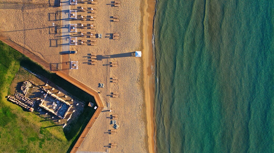 Aerial drone ultra wide top down photo of famous sandy beach of Asteras or Astir in Vouliagmeni, Glyfada, Athens riviera, Attica, Greece