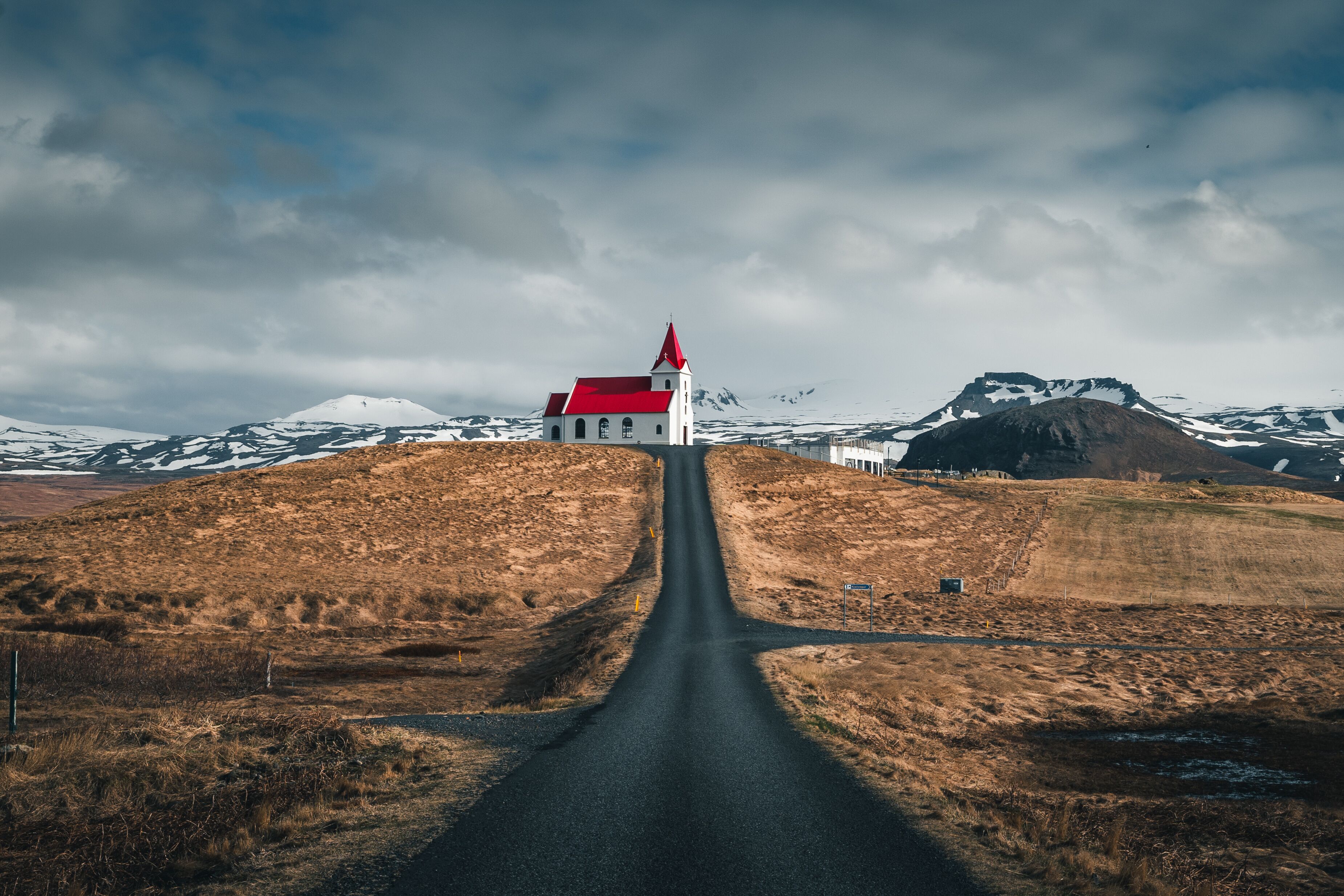 Panoramic view of Ingjaldsholskirkja church in Hellissandur, Iceland. Incredible Image of Icelandic landscape and architecture. Isolated church in a scenery of Scandinavia