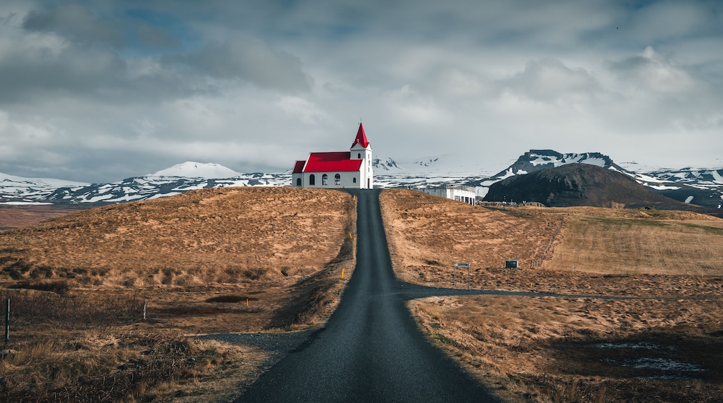 Panoramic view of Ingjaldsholskirkja church in Hellissandur, Iceland. Incredible Image of Icelandic landscape and architecture. Isolated church in a scenery of Scandinavia