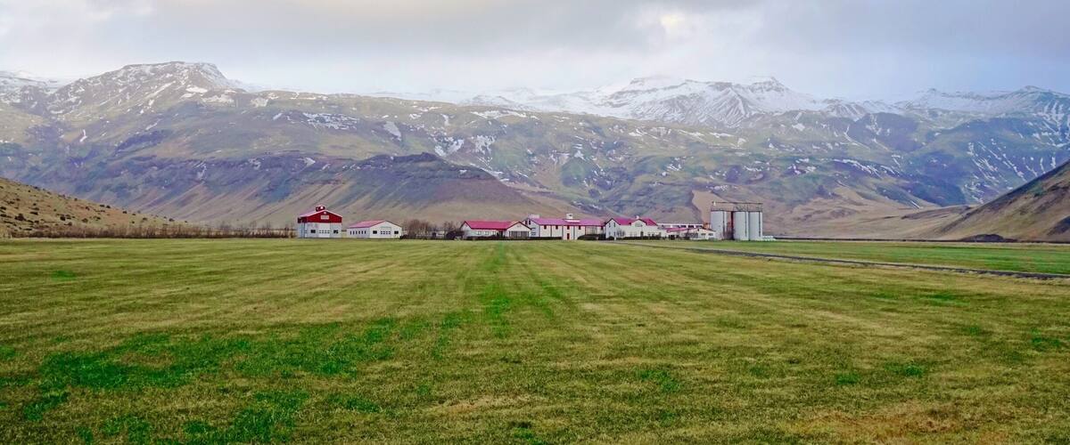 A rural landscape with a row of buildings and a field in front of snow-capped mountains.