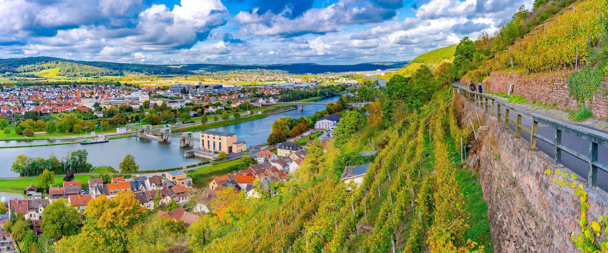 A river flowing through a town with a bridge, surrounded by hills and vineyards.