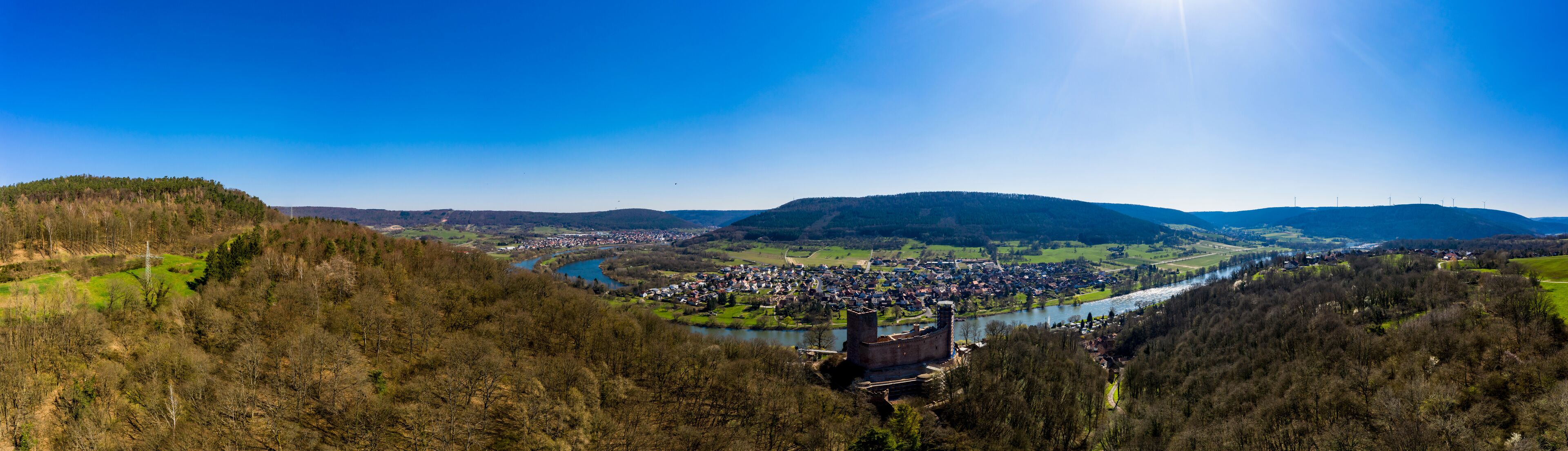 Aerial view, Henneburg, Stadtprozelten, behind Faulbach, Spessart, Franconia, Bavaria, Germany,