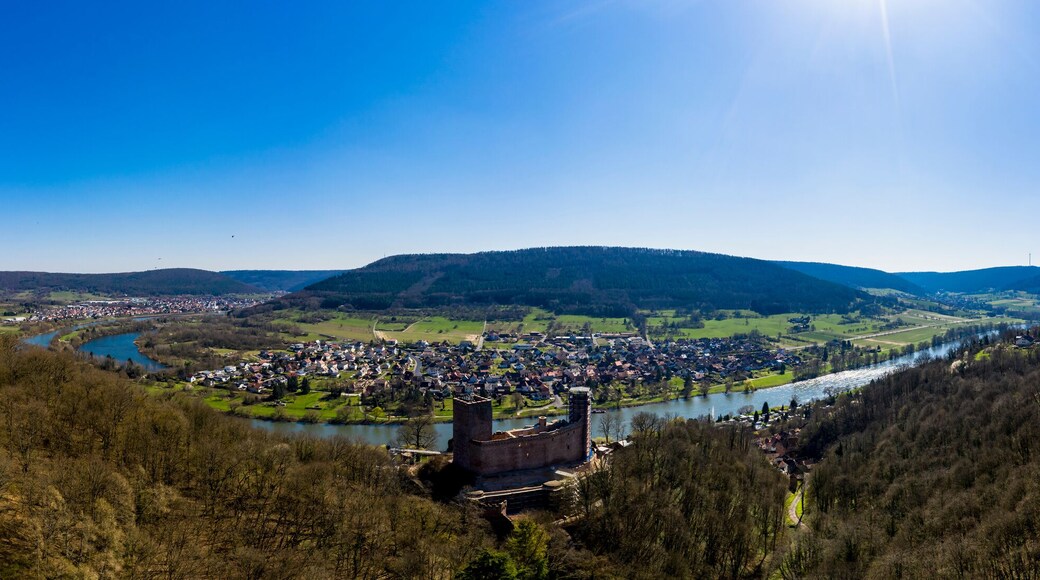 Aerial view, Henneburg, Stadtprozelten, behind Faulbach, Spessart, Franconia, Bavaria, Germany,