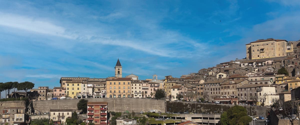 A historic town with a prominent church, a tower, and a densely packed hillside with buildings.