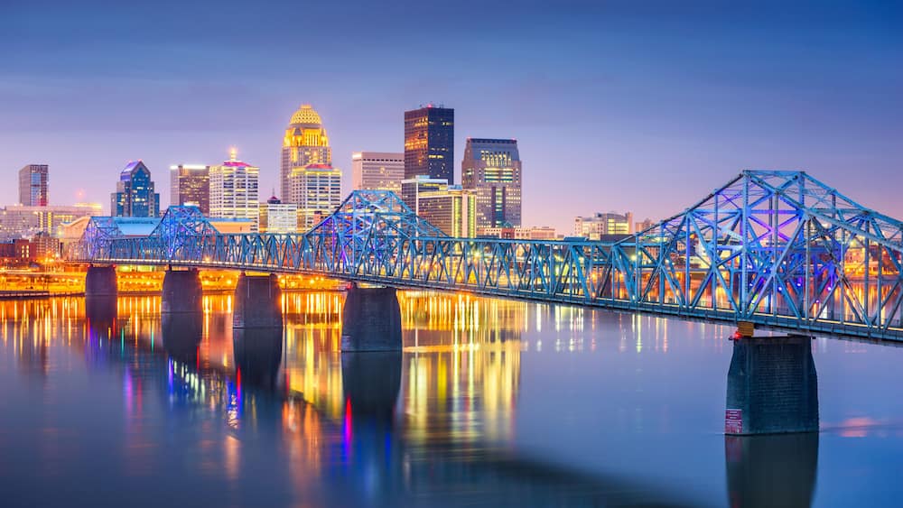 Louisville, Kentucky, USA downtown skyline on the Ohio River at dusk.