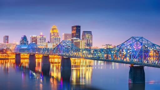 Louisville, Kentucky, USA downtown skyline on the Ohio River at dusk.