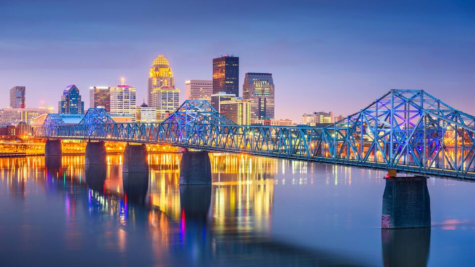 Louisville, Kentucky, USA downtown skyline on the Ohio River at dusk.