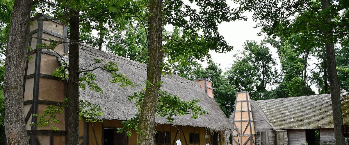 Houses with roof made with straw. Early Settlement Interpretive, Henricus Historical Park, Chester, Virginia