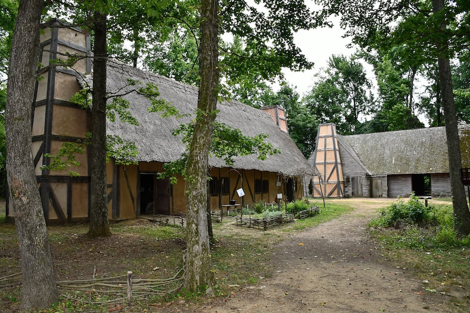 A traditional thatched-roof house surrounded by trees.