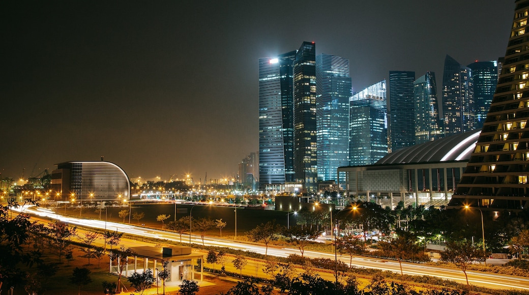 Gardens by the Bay which includes night scenes, a city and landscape views
