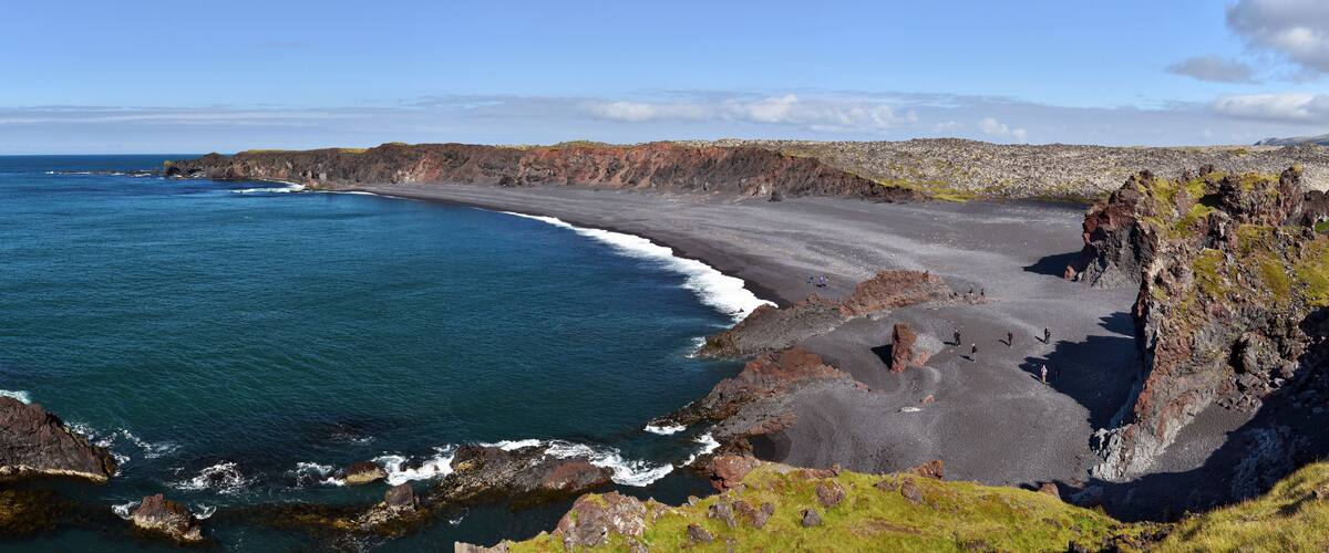 Panorama of Djupalonssandur bay and beach situated on foot of Snaefellsnes peninsula in Western Iceland.