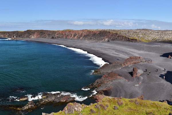 Panorama of Djupalonssandur bay and beach situated on foot of Snaefellsnes peninsula in Western Iceland.