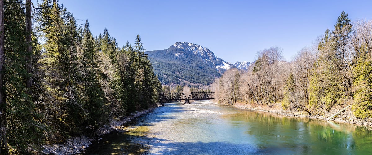 A river with a bridge, surrounded by dense forest and mountains.