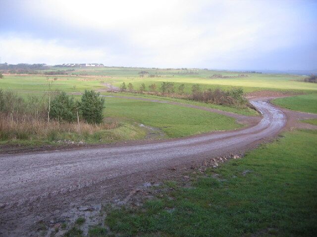 A rural dirt road curving through green fields with a distant building.