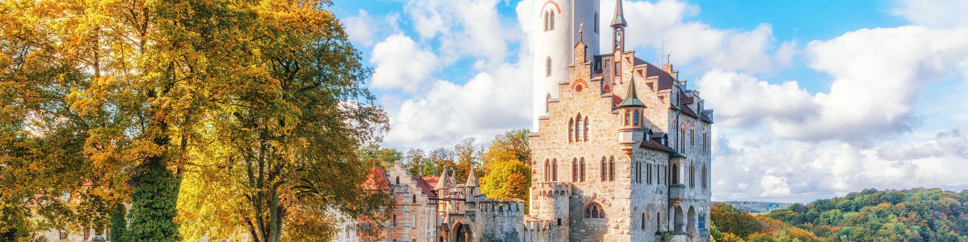 A castle on a cliff surrounded by autumn foliage.