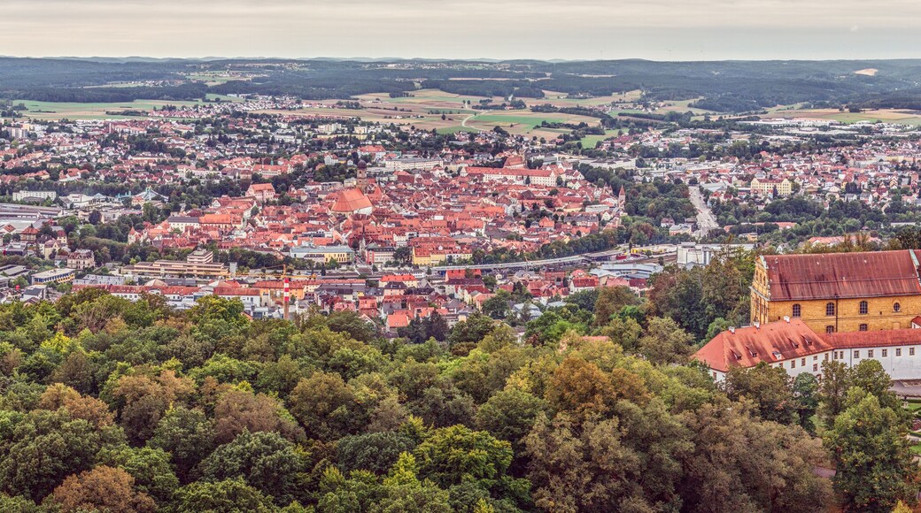 Drone panorama of the historic Bavarian town of Amberg in the morning light