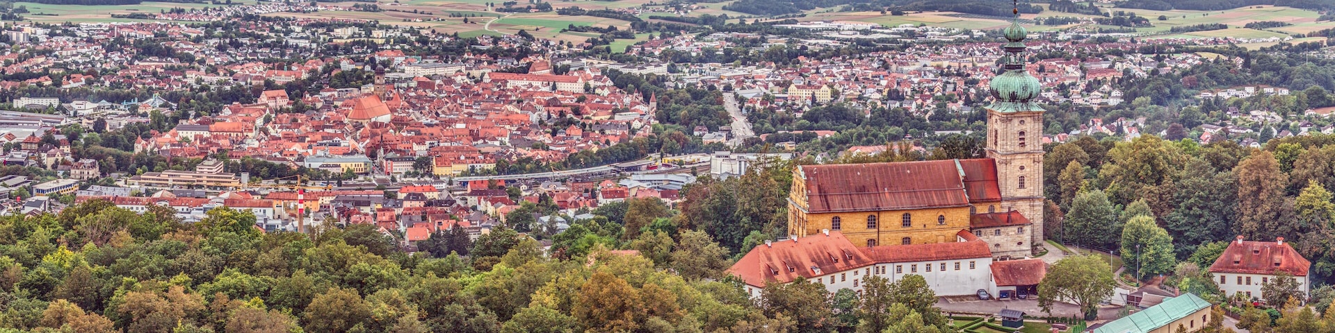 Drone panorama of the historic Bavarian town of Amberg in the morning light