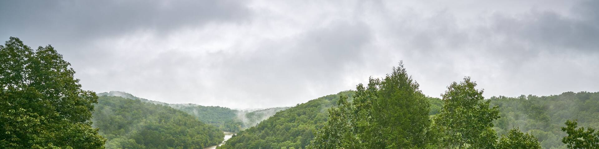 A river winding through a dense forest with misty mountains in the background.