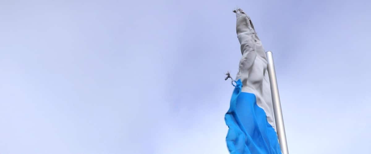 A flagpole with a flag that has a blue and white design.