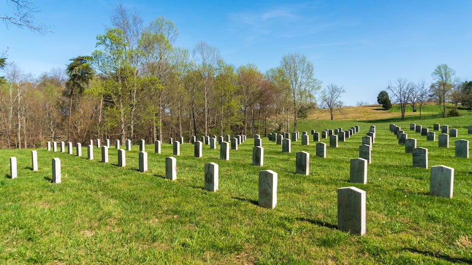 A cemetery with numerous headstones arranged in rows on a grassy hill under a clear blue sky.