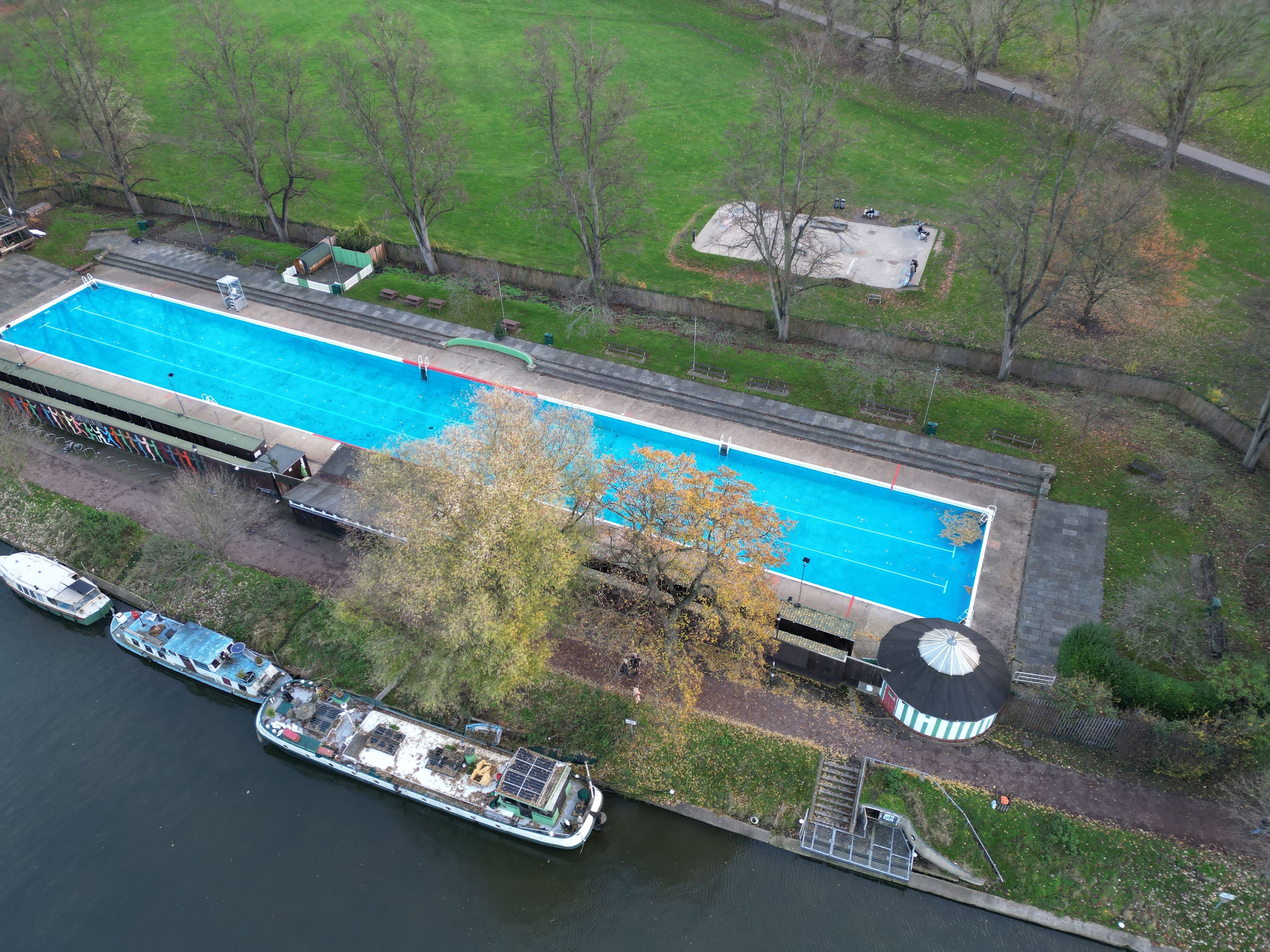Jesus Green Lido Cambridge City centre England drone aerial