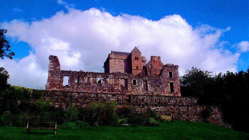 A historic stone castle with ruins, surrounded by lush green grass and trees.