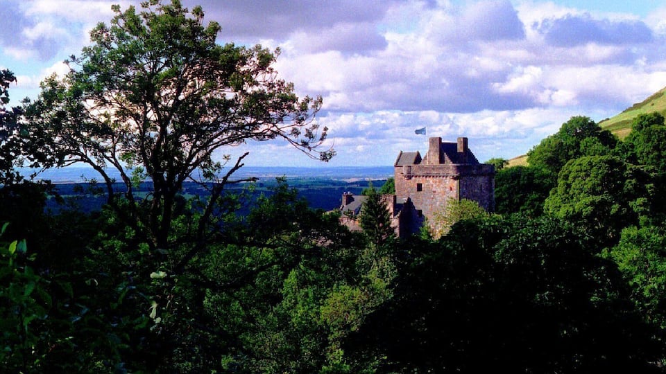 A castle surrounded by lush greenery and a cloudy sky.
