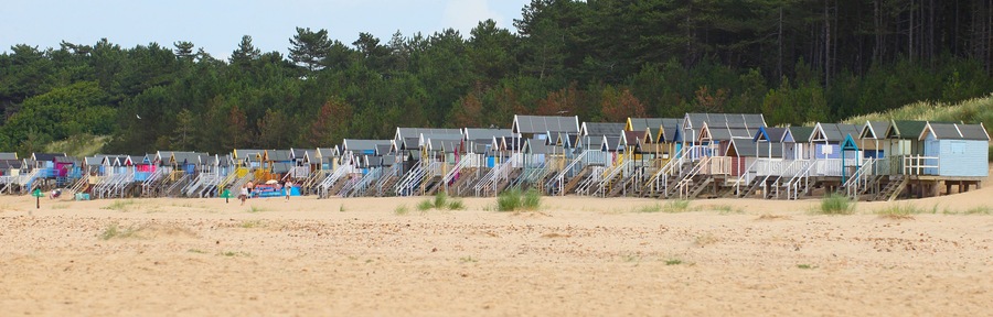 A beach with numerous colorful beach huts and a forest in the background.