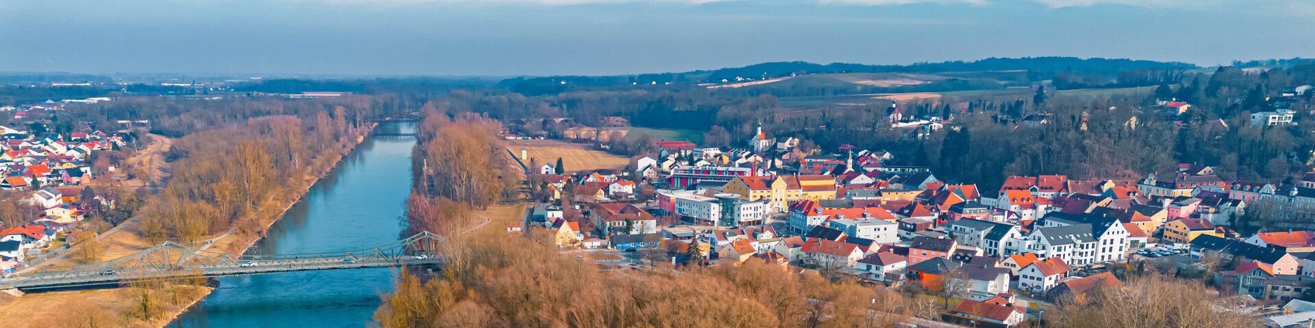 High resolution stitched winter drone panorama captured in flight at Landau an der Isar, Dingolfing-Landau, Bavaria, Germany