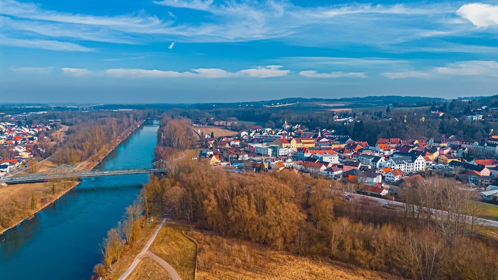 High resolution stitched winter drone panorama captured in flight at Landau an der Isar, Dingolfing-Landau, Bavaria, Germany