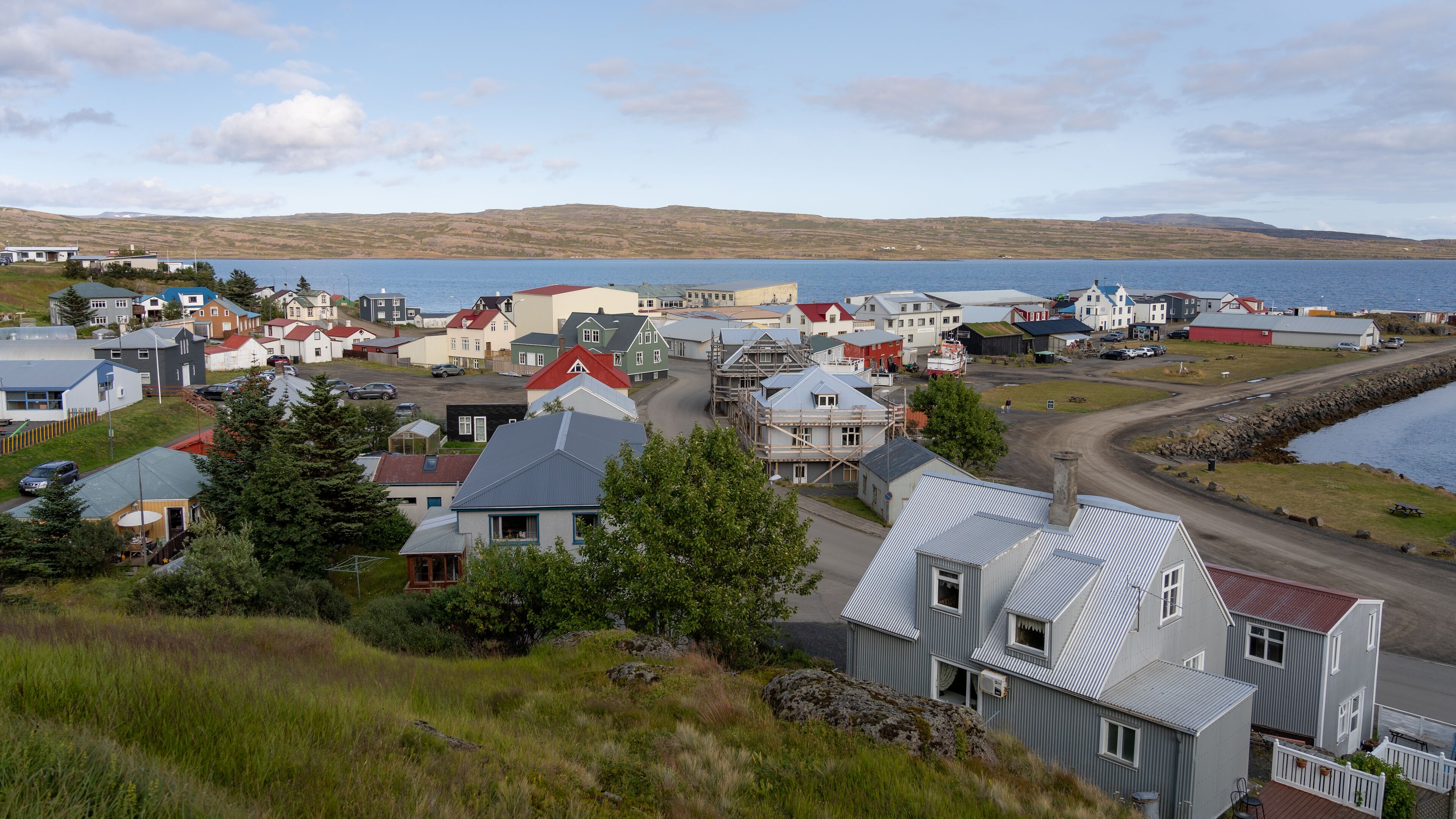 Scenic view of Hólmavík fishing town in Westfjords, Iceland