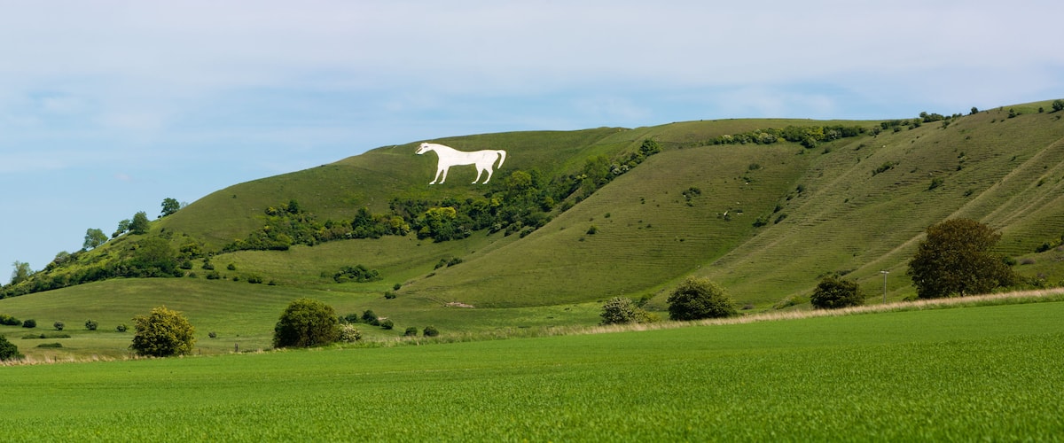 A white horse statue on a grassy hill with a clear sky.