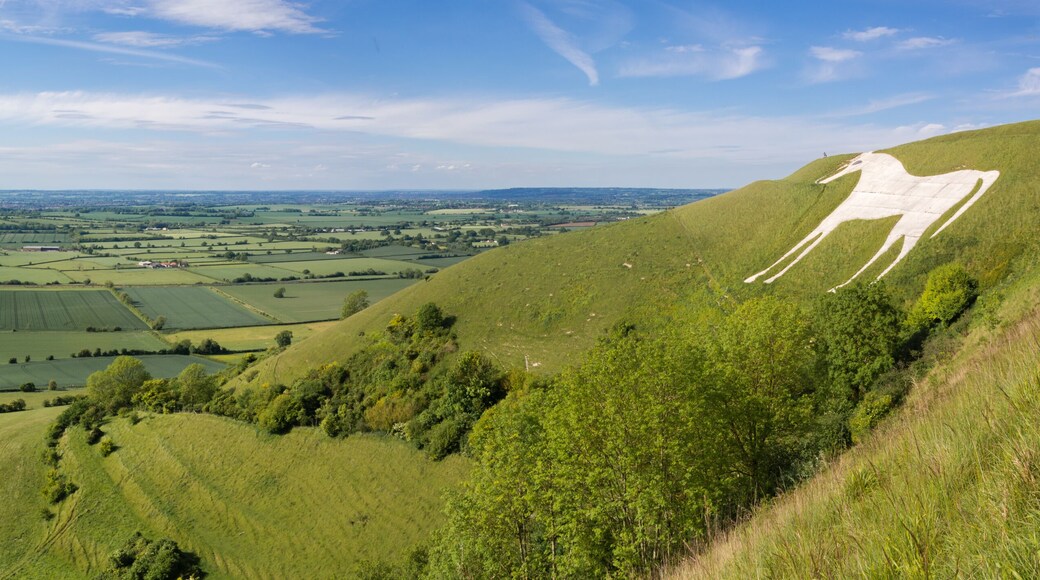 View from Westbury White Horse. Hill figure created by exposing white chalk on the escarpment of Salisbury Plain in Wiltshire, UK
