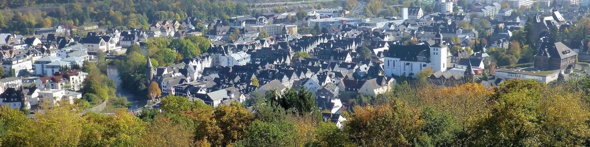 Blick vom Aussichtsturm Dillblick auf Herborn; im Hintergrund rechts Sinn