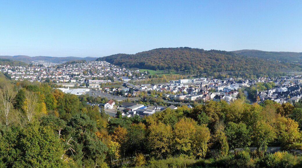 160° Panoramafoto vom Aussichtsturm Dillblick von Nord über Ost nach Süd; mittig links Alsbach mit Galgenberg, dahinter Seelbach; mittig rechts die Altstadt von Herborn