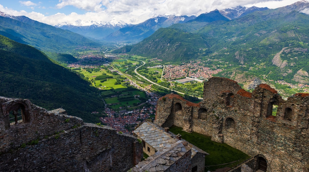 Panoramic view of the Susa Valley marked by the A32 motorway (Autostrada del Frejus) from the Sacra di San Michele abbey perched on Mount Pirchiriano
