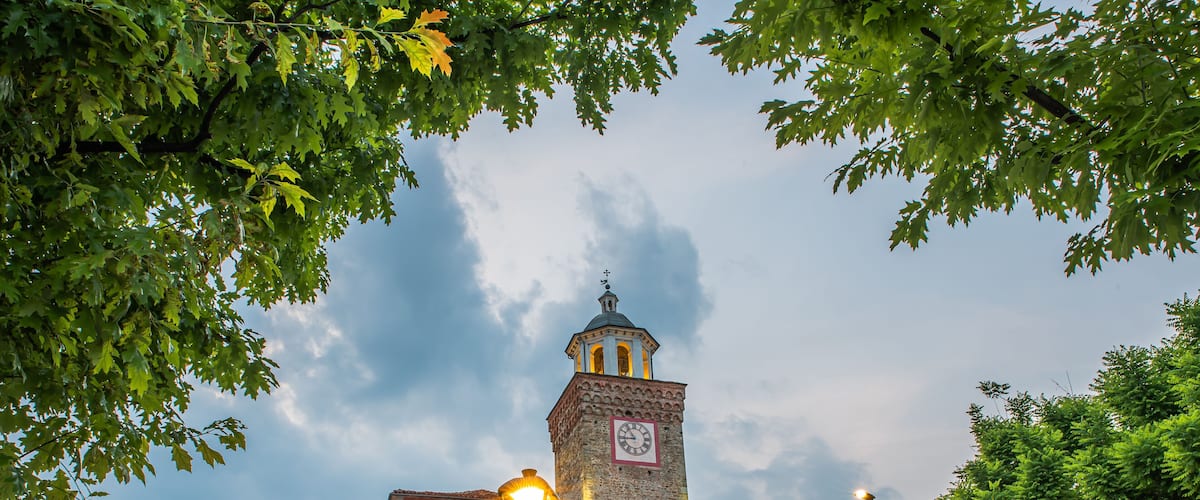 A historic tower with a clock, surrounded by trees and buildings.