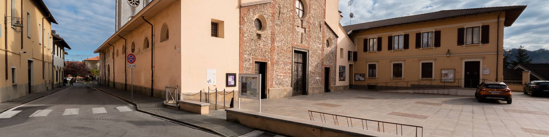 Borgo San Dalamazzo, Cuneo, Italy- December 01, 2022: The parish church of the ancient abbey of San Dalmazzo di Pedona in the town of the cold fair