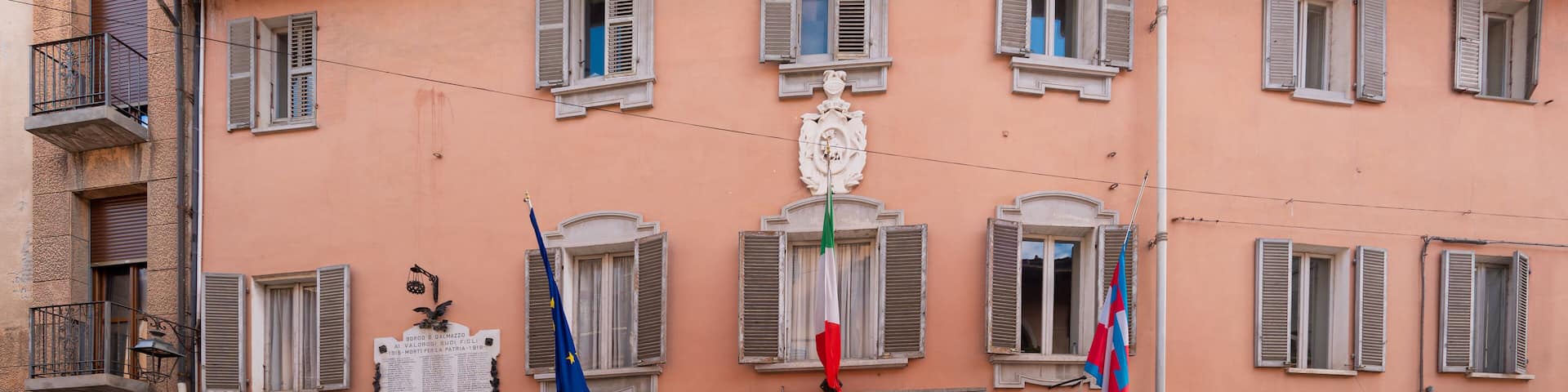 Borgo San Dalmazzo, Cuneo, Italy- December 01, 2022: The town hall building in via Roma in the city headquarters of the National Snail Fair called Cold Fair